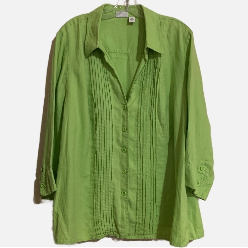 Kim Rogers Button Down Front Pleats Top Blouse Green size 2X